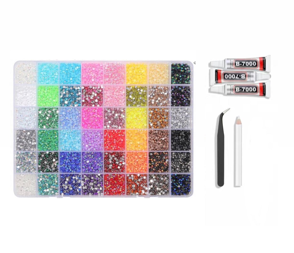 BEDAZZLING KIT - 48 COLORS + 3 GLUE + TWEEZERS AND PEN