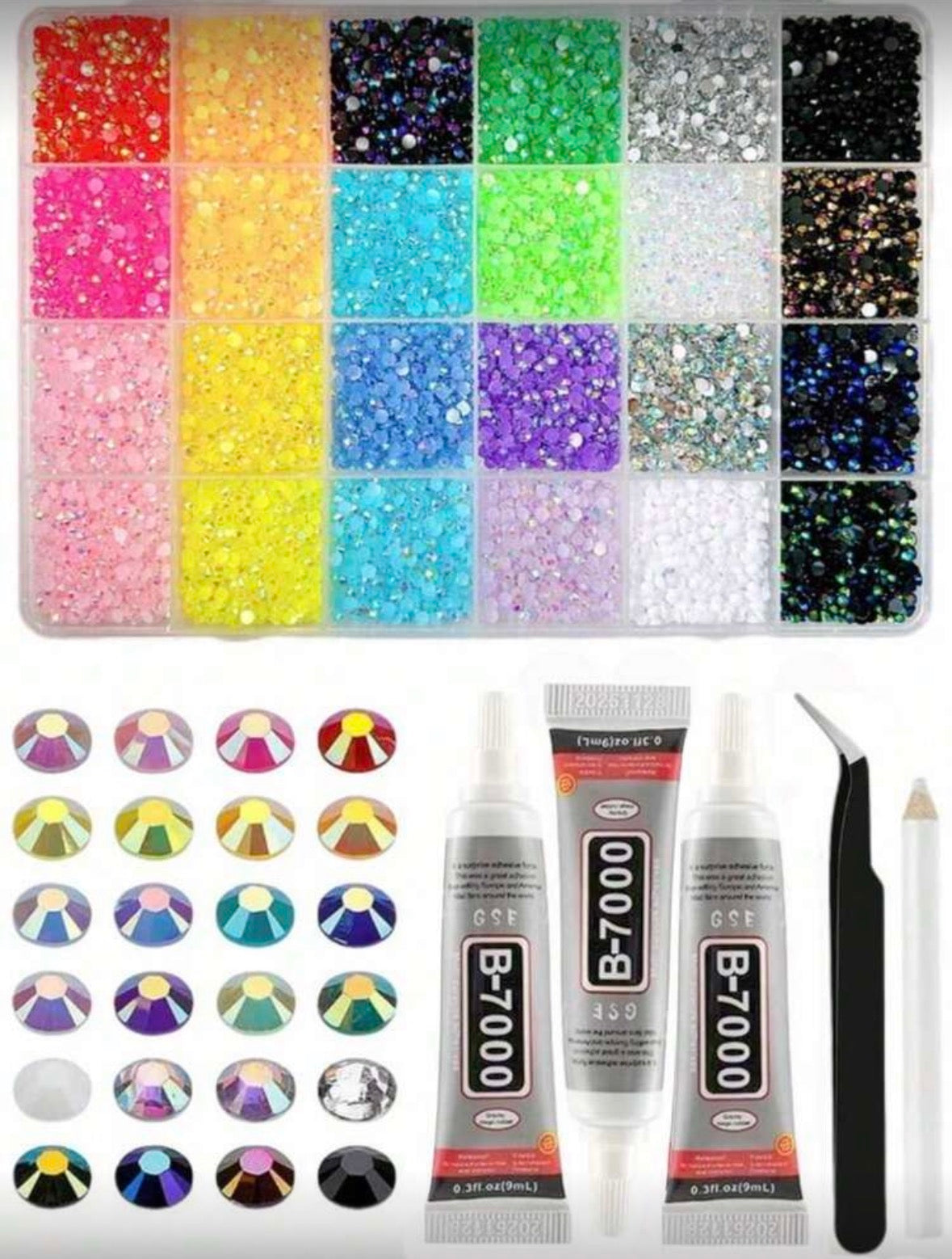 24 colors Bedazzling Kit + 3 glue + 1 tweezer