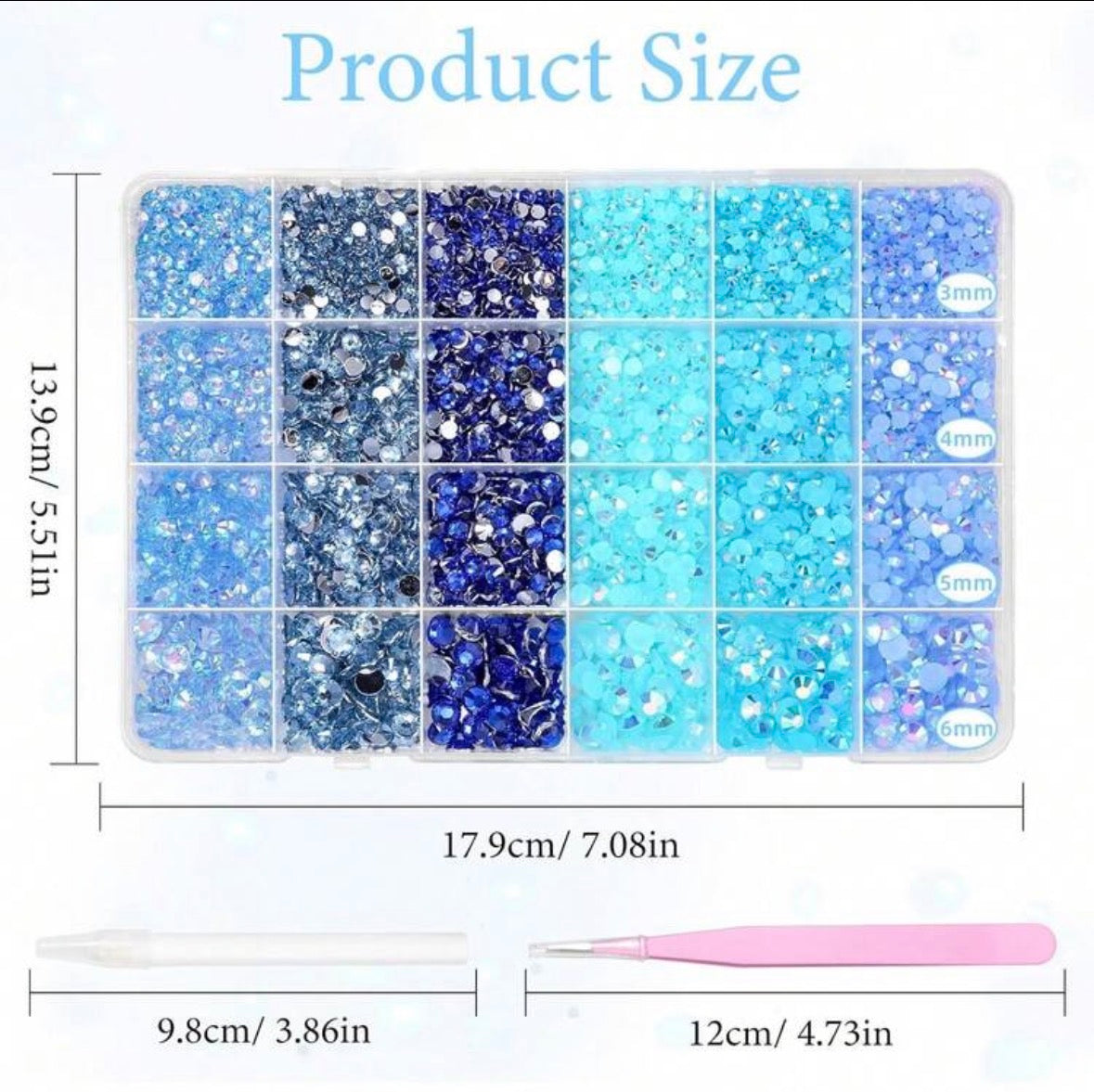 Shades of blue bedazzling kit + 3 glue, tweezers and picker pen